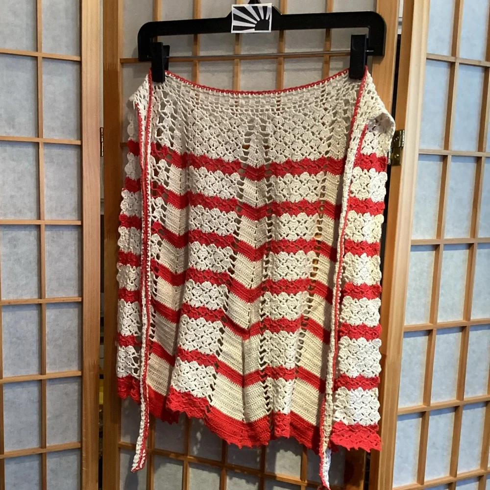 Vintage Handmade Cream and Red Stripe Crochet Half Apron